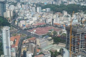 Ben Thanh Market from 49th Floor Bitexco Tower -red roofed low building